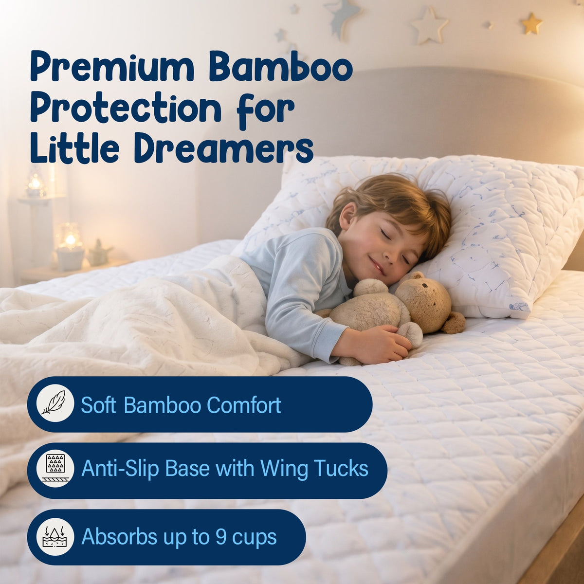 Child asleep on the Bedwetz bamboo pad: soft bamboo comfort, anti-slip base with wing tucks, absorbs up to 9 cups