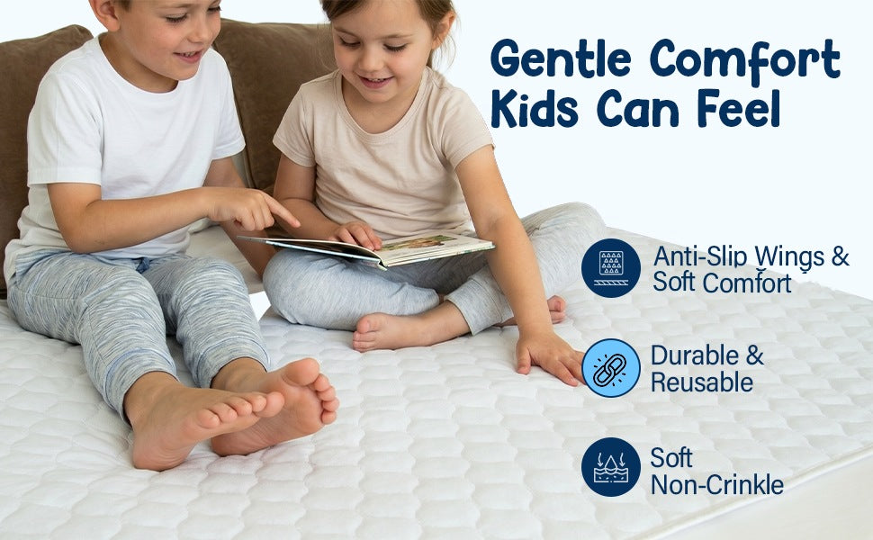 Gentle comfort kids can feel: Anti-slip wings keep it in place, it is durable and reusable, and the soft non-crinkle top means no plastic rustle at night.