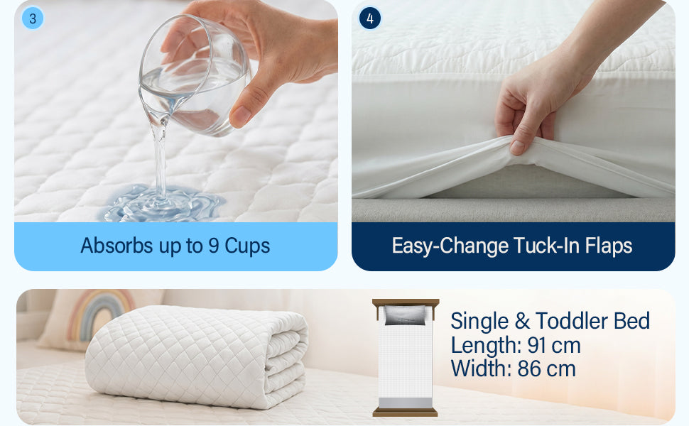 Absorbent and easy to change: Absorbs up to 9 cups, with easy-change tuck-in flaps. The single and toddler size is 86 × 91 cm.