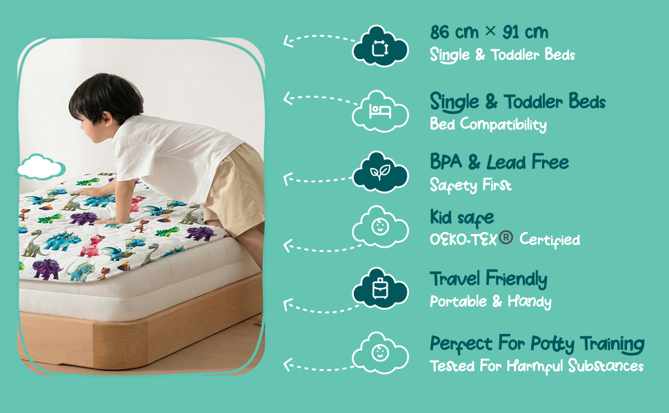 Made to fit, made to be safe: Sized 86 × 91 cm for single and toddler beds. BPA and lead free, OEKO-TEX® certified, and light enough to pack for sleepovers, holidays and potty training.