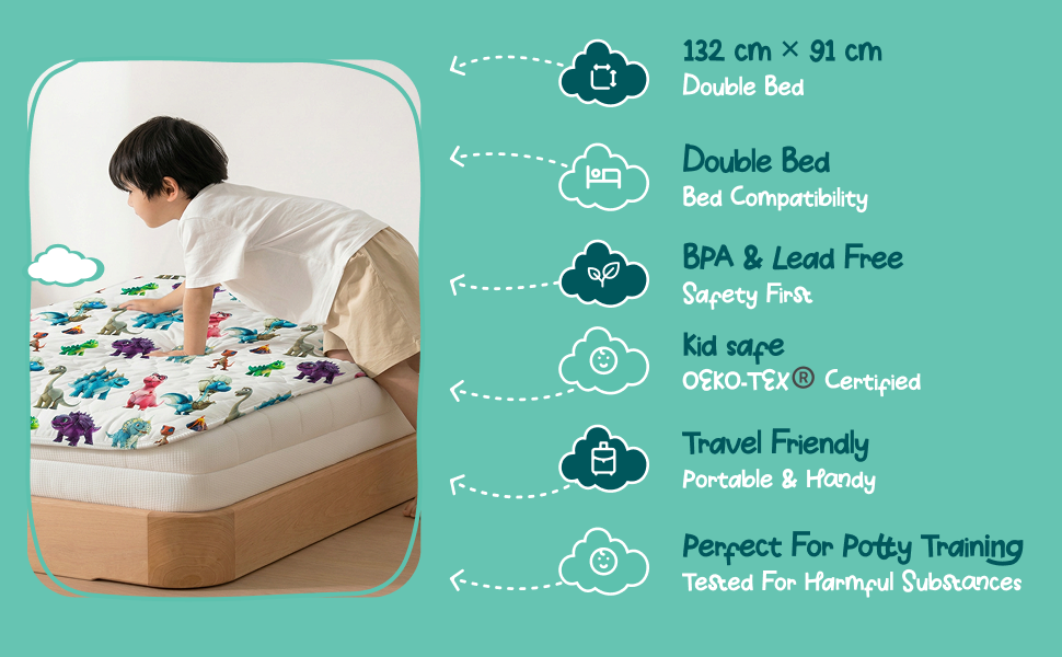 Made to fit, made to be safe: Sized 132 × 91 cm for double beds. BPA and lead free, OEKO-TEX® certified, and light enough to pack for sleepovers, holidays and potty training.