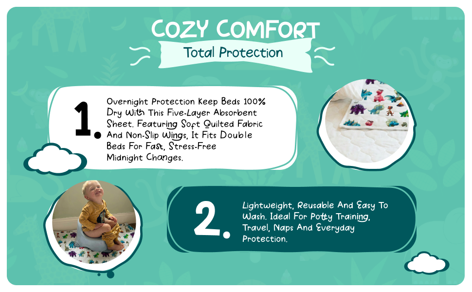 Cosy comfort, total protection: Five absorbent layers sit under a soft quilted top, with non-slip wings that keep everything where it should be. Sized for double beds, lightweight and easy to wash, it is ideal for potty training, travel and naps.