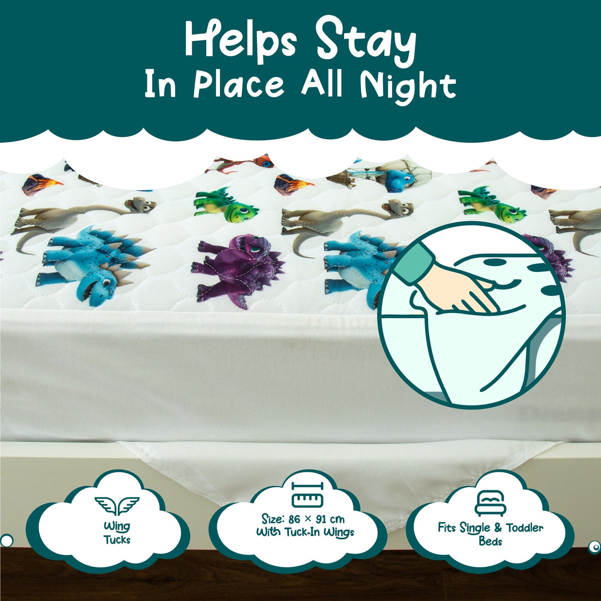Tuck-in wings keep the Dinosaur pad in place all night, 86 x 91 cm, fits single and toddler beds