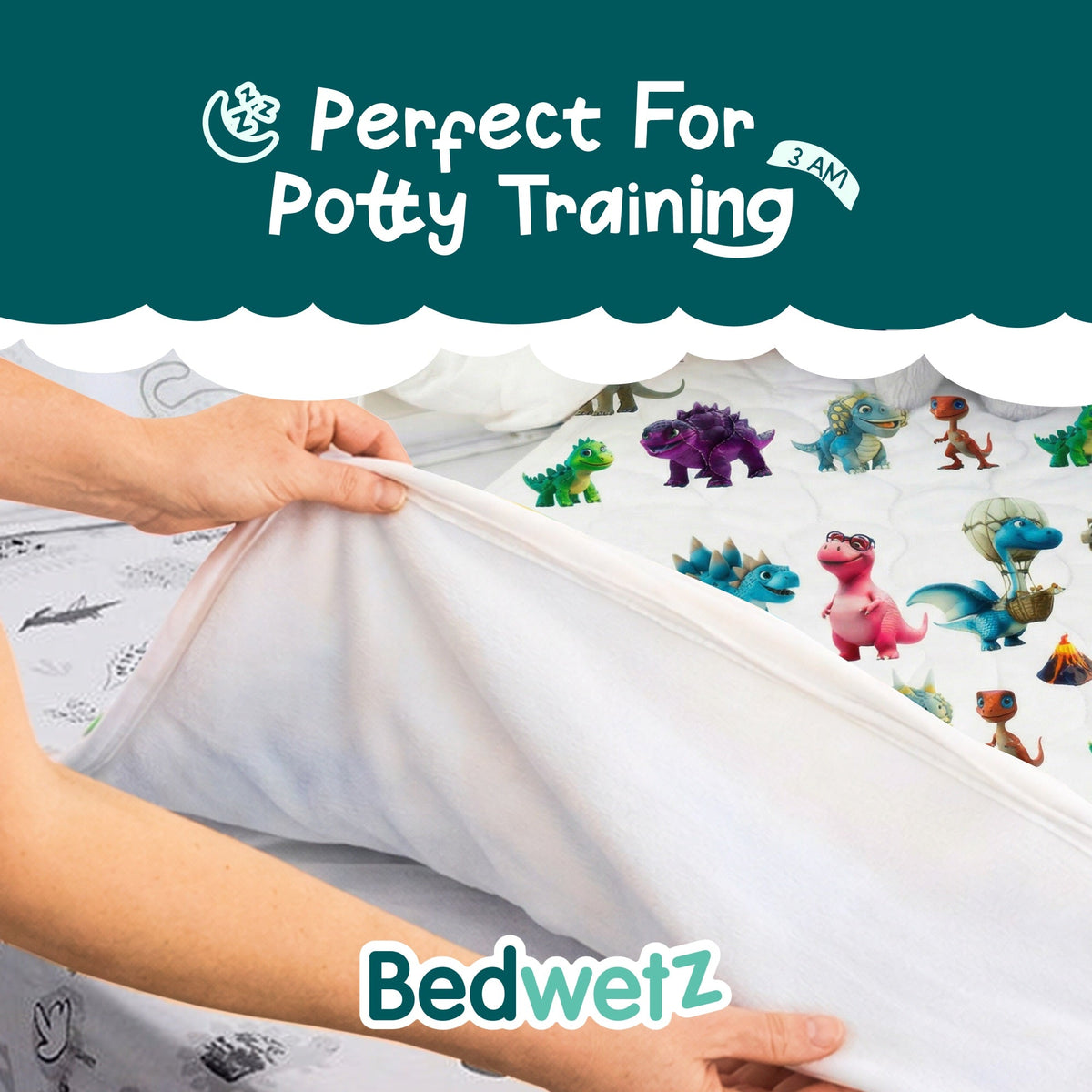 Perfect for potty training: lifting the Dinosaur pad off a bed for a quick change