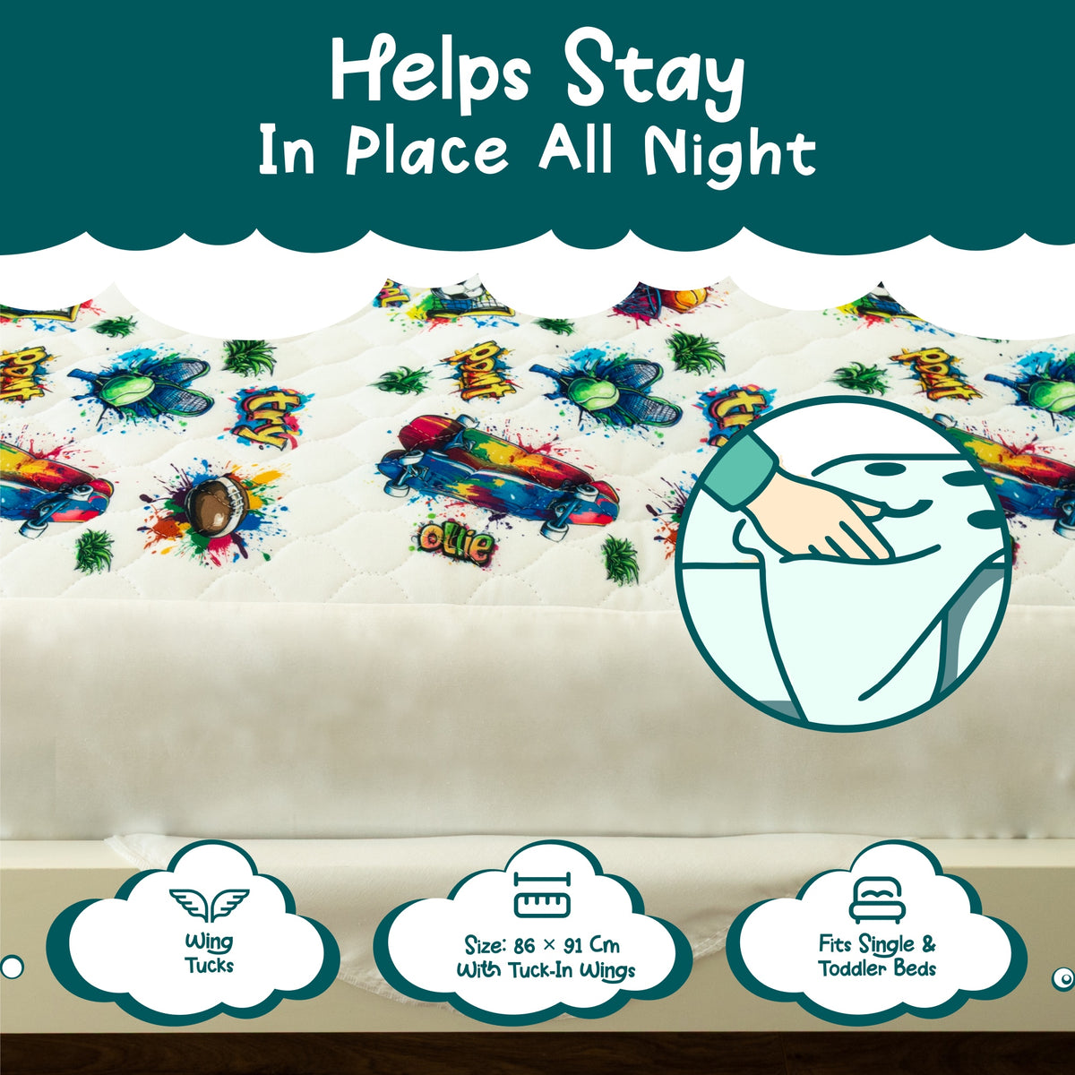 Tuck-in wings keep the Graffiti pad in place all night, 86 x 91 cm, fits single and toddler beds