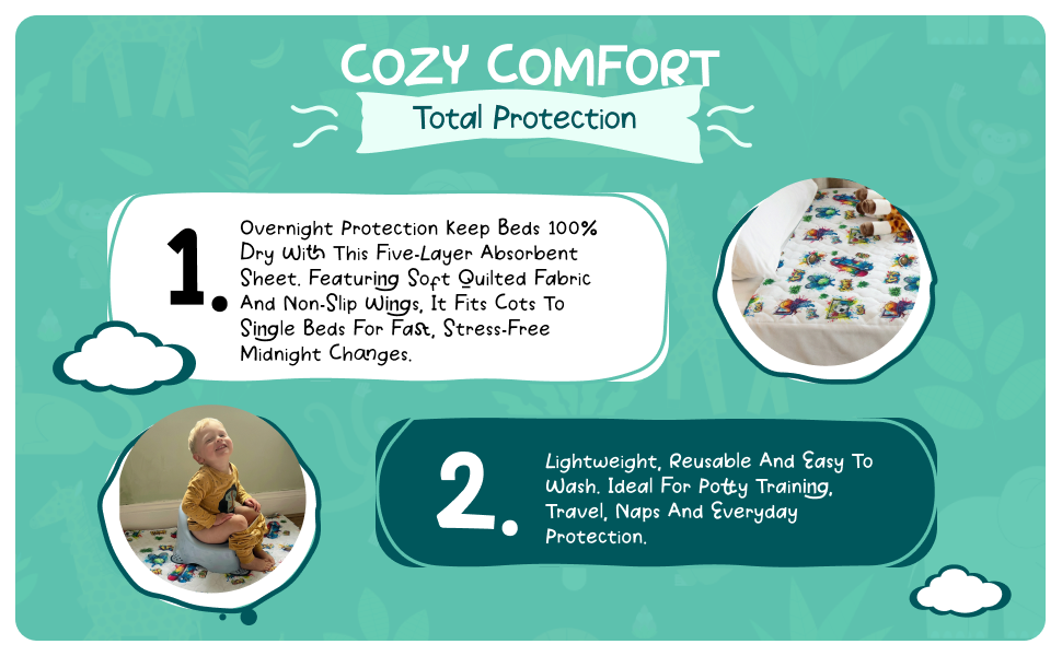 Cosy comfort, total protection: Five absorbent layers sit under a soft quilted top, with non-slip wings that keep everything where it should be. Lightweight and easy to wash, it is ideal for potty training, travel and naps.