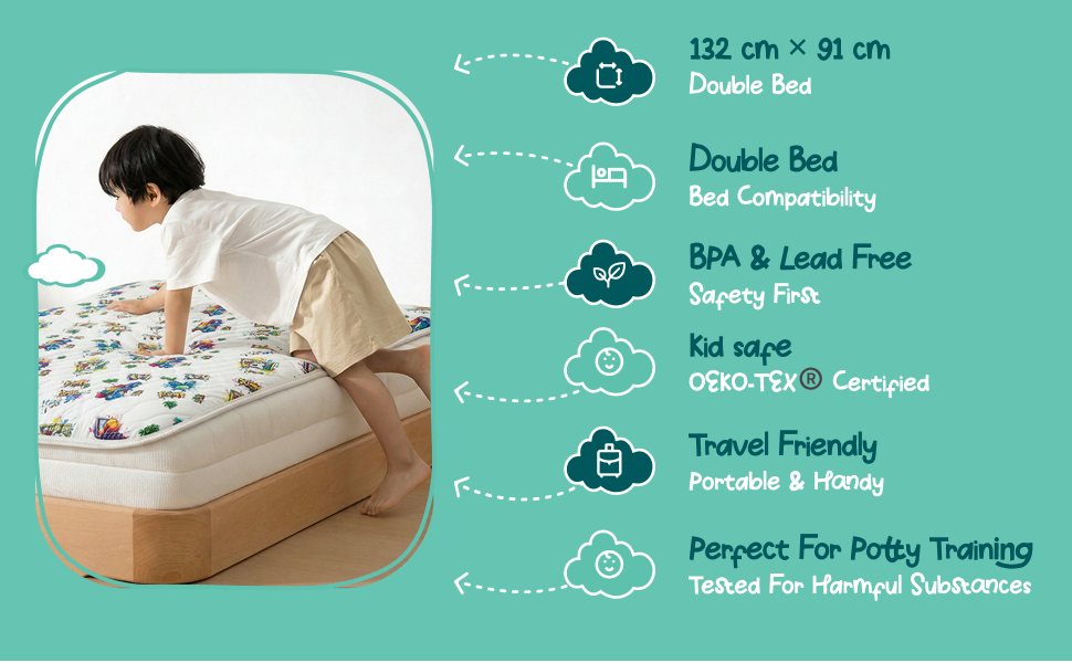 Made to fit, made to be safe: Sized 132 × 91 cm for double beds. BPA and lead free, OEKO-TEX® certified, and light enough to pack for sleepovers, holidays and potty training.
