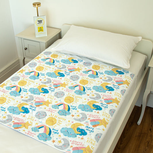 Bedwetz Moons & Stars waterproof mattress protector on a single bed with the Mother&Baby Awards 2026 Gold trophy