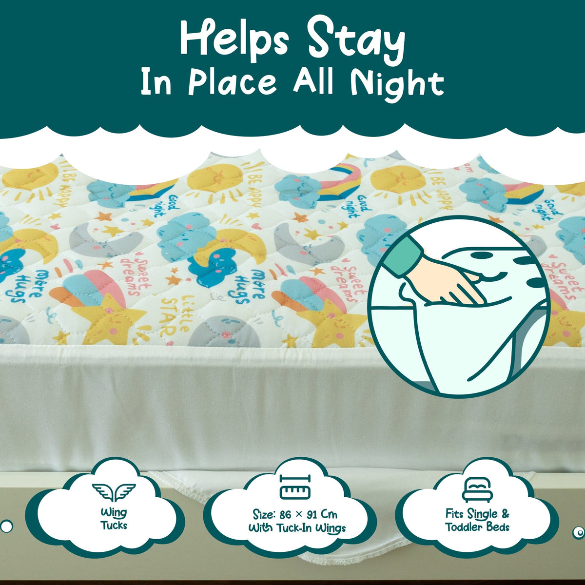 Tuck-in wings keep the Moons & Stars pad in place all night, 86 x 91 cm, fits single and toddler beds