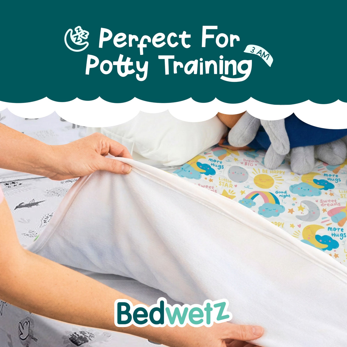 Perfect for potty training: lifting the Moons & Stars pad off a bed for a quick change