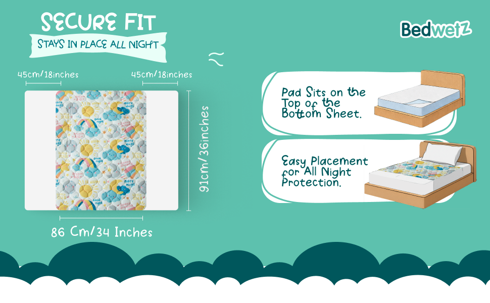 A secure fit that stays put all night: The pad sits on top of the bottom sheet, and its 45 cm tuck-in wings slip under the mattress to hold it in place however much your child moves.