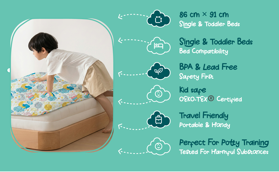 Made to fit, made to be safe: Sized 86 × 91 cm for single and toddler beds. BPA and lead free, OEKO-TEX® certified, and light enough to pack for sleepovers, holidays and potty training.
