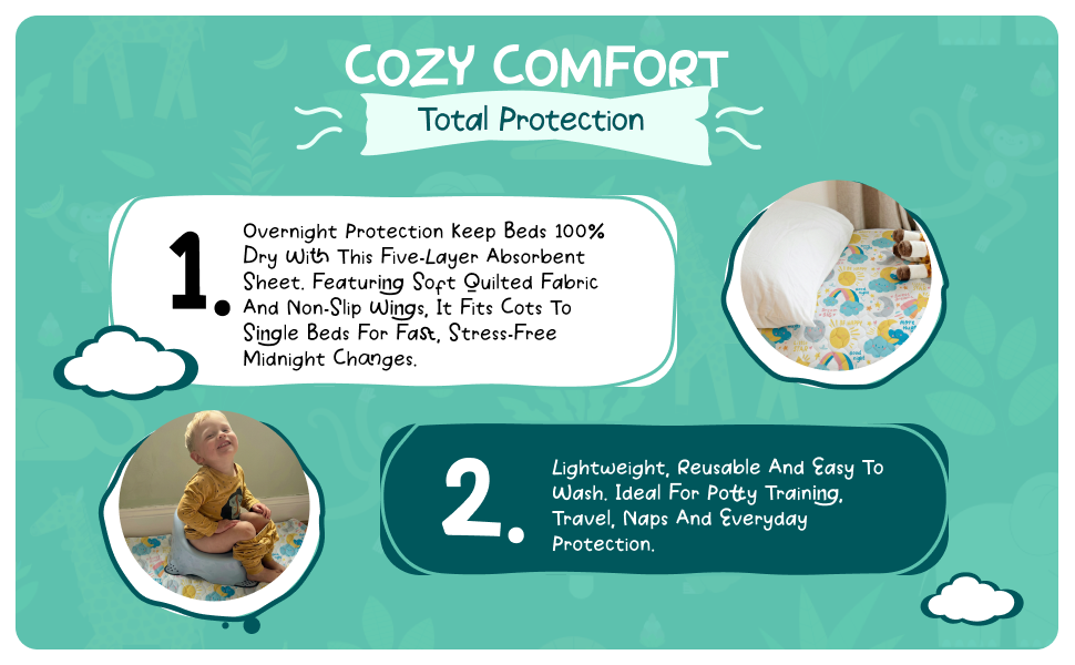 Cosy comfort, total protection: Five absorbent layers sit under a soft quilted top, with non-slip wings that keep everything where it should be. Lightweight and easy to wash, it is ideal for potty training, travel and naps.