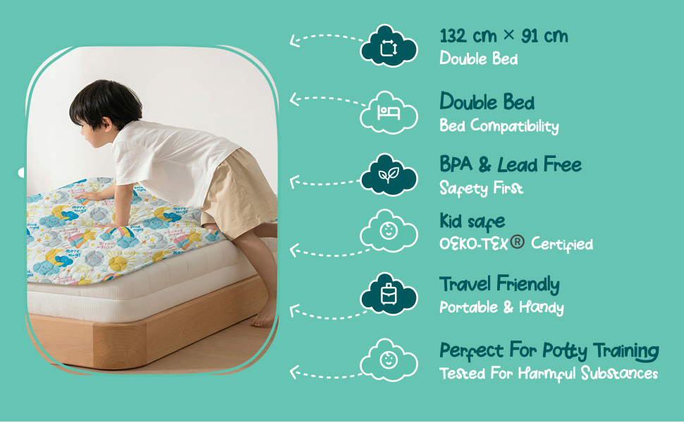 Made to fit, made to be safe: Sized 132 × 91 cm for double beds. BPA and lead free, OEKO-TEX® certified, and light enough to pack for sleepovers, holidays and potty training.