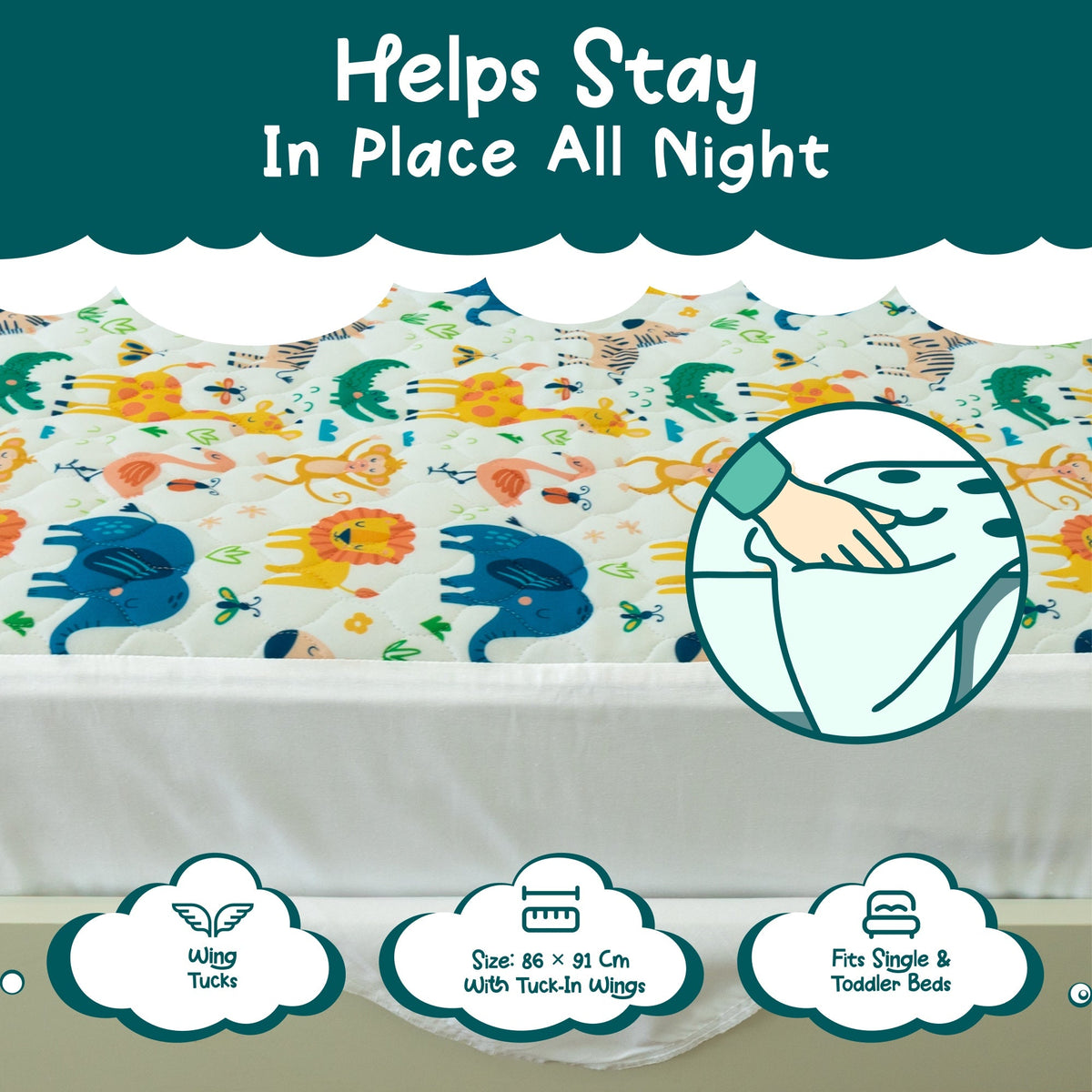 Tuck-in wings keep the Safari pad in place all night, 86 x 91 cm, fits single and toddler beds