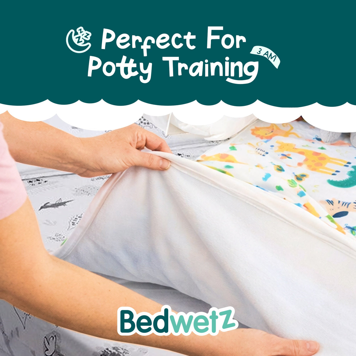 Perfect for potty training: lifting the Safari pad off a bed for a quick change