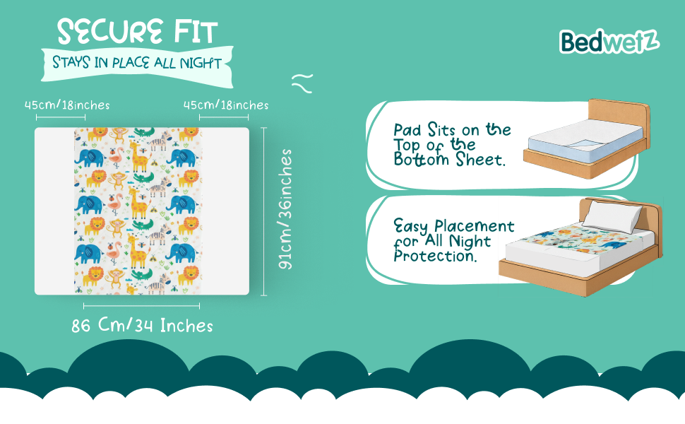A secure fit that stays put all night: The pad sits on top of the bottom sheet, and its 45 cm tuck-in wings slip under the mattress to hold it in place however much your child moves.