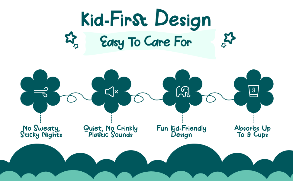 Kid-first design, easy to care for: No sweaty nights and no crinkly plastic, just a soft, quiet pad with a colourful safari print your child will love. It holds up to 9 cups of liquid, then goes straight in the washing machine.
