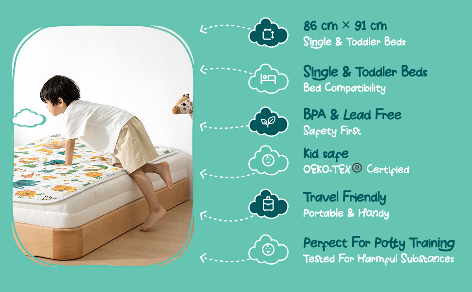 Made to fit, made to be safe: Sized 86 × 91 cm for single and toddler beds. BPA and lead free, OEKO-TEX® certified, and light enough to pack for sleepovers, holidays and potty training.