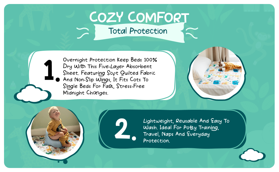 Cosy comfort, total protection: Five absorbent layers sit under a soft quilted top, with non-slip wings that keep everything where it should be. Lightweight and easy to wash, it is ideal for potty training, travel and naps.