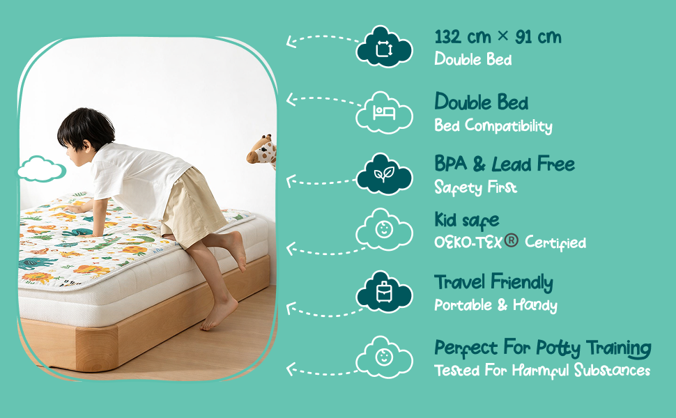 Made to fit, made to be safe: Sized 132 × 91 cm for double beds. BPA and lead free, OEKO-TEX® certified, and light enough to pack for sleepovers, holidays and potty training.
