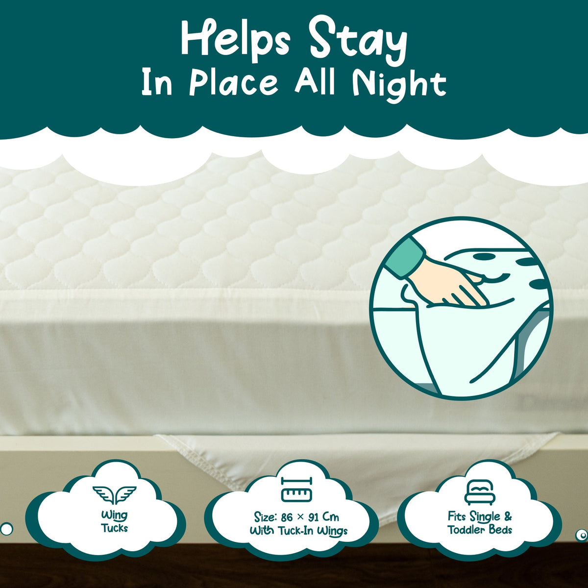Tuck-in wings keep the White Plain pad in place all night, 86 x 91 cm, fits single and toddler beds