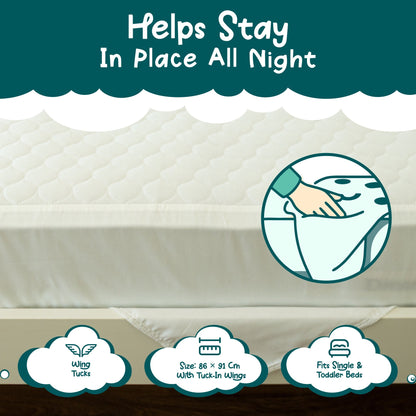 Tuck-in wings keep the White Plain pad in place all night, 86 x 91 cm, fits single and toddler beds