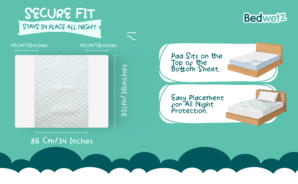 A secure fit that stays put all night: The pad sits on top of the bottom sheet, and its 45 cm tuck-in wings slip under the mattress to hold it in place however much your child moves.