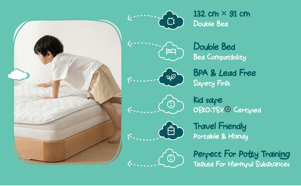 Made to fit, made to be safe: Sized 132 × 91 cm for double beds. BPA and lead free, OEKO-TEX® certified, and light enough to pack for sleepovers, holidays and potty training.