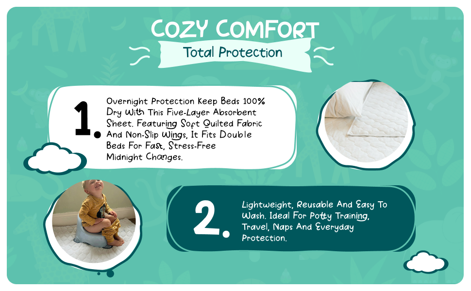 Cosy comfort, total protection: Five absorbent layers sit under a soft quilted top, with non-slip wings that keep everything where it should be. Sized for double beds, lightweight and easy to wash, it is ideal for potty training, travel and naps.