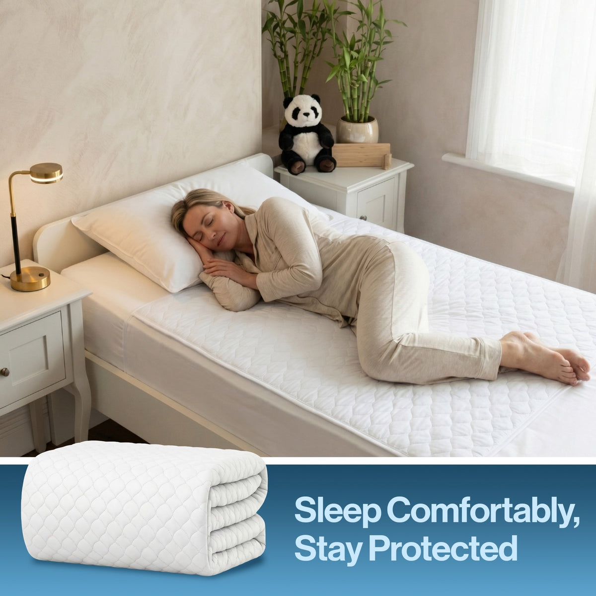 Woman asleep on the bamboo bed pad: sleep comfortably, stay protected