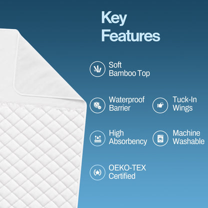 Key features: soft bamboo top, waterproof barrier, tuck-in wings, high absorbency, machine washable
