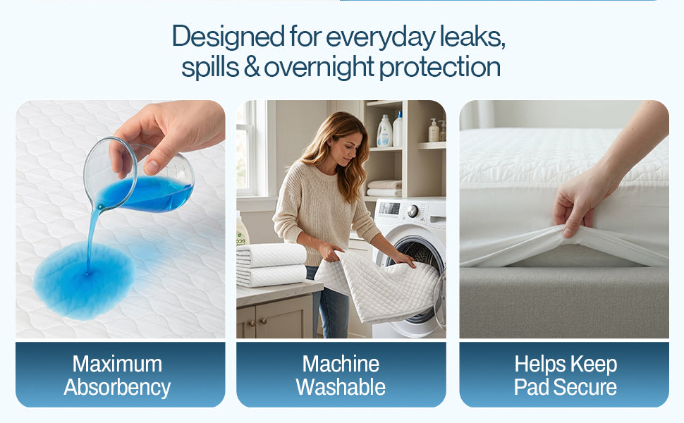 Designed for everyday leaks, spills and overnight protection: Highly absorbent, machine washable, and tuck-in flaps help keep the pad secure.